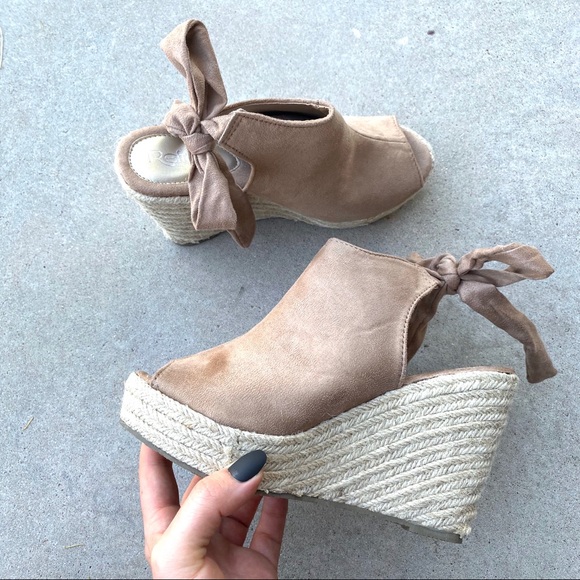 Shoes - Brand New Taupe Peep Toe Espadrille Wedge Heels